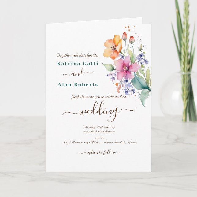 Convites Dobrados de Flores Cor-de-Rosa, Amarelo e (Frente)