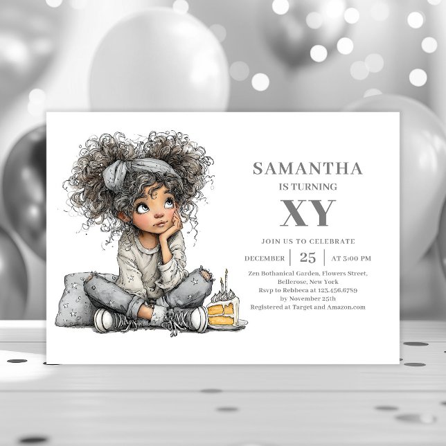 Convites dourados com desenho divertido e capricho (Whimsical Funny Girl Birthday Sketch Gold invitation)