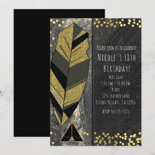 Convites Dourados e Pretos com Pena e Tepee Desenh