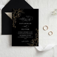 Convites Dourados para Casamento Floral Preto