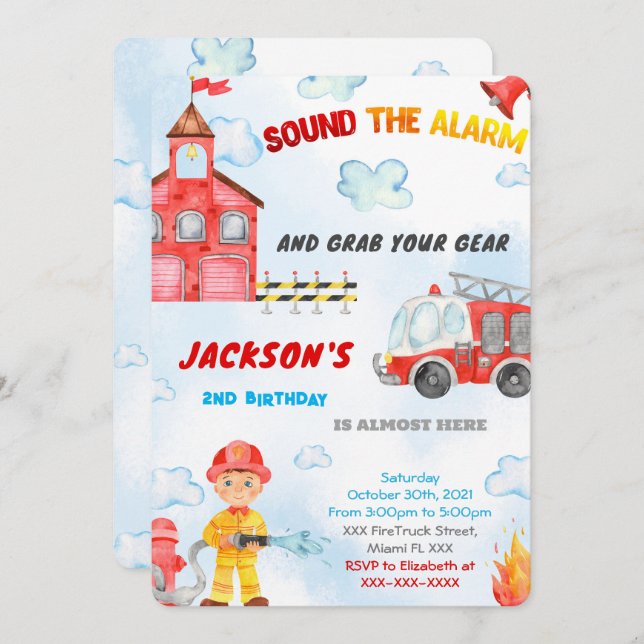 Convites Editáveis de Caminhão de Bombeiros (Frente/Verso)