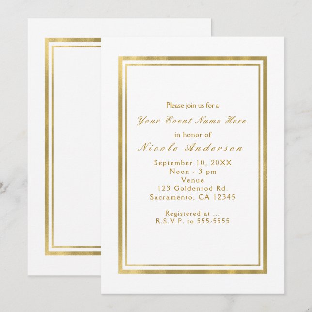 Convites Elegantes Chic Ouro e Branco com Folha de (Frente/Verso)