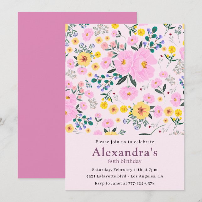 Convites elegantes de 80º aniversário Rosa Floral  (Frente/Verso)