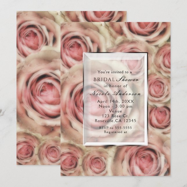 Convites Elegantes de Noiva com Rosas Cor-de-Rosa  (Frente/Verso)