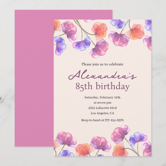 Convites elegantes para 85º aniversário Boho Flora (Frente/Verso)