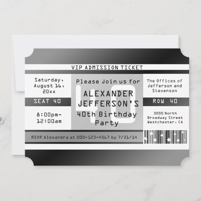 Convites em forma de tíquete de aniversário de 40  (Frente)