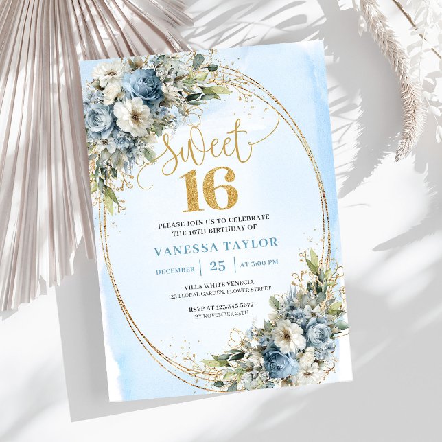 Convites Enfeitiçantes Dusty Blue Florais para Swe (Enchanting Dusty Blue Floral Sweet Sixteen Invitation)