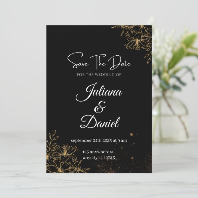 Convites estéticos de Casamento Preto e Laranja (Em pé/Frente)