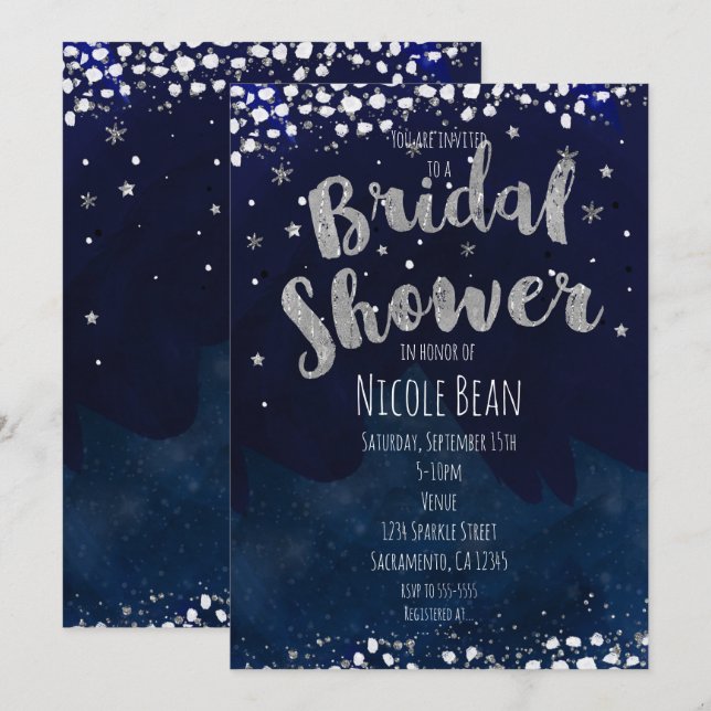 Convites Estrelados Azuis e Prateados para Chá de  (Frente/Verso)
