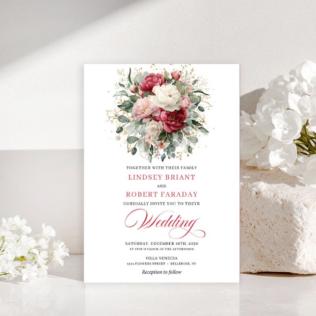 Convites Florais de Verde com Vermelho Boêmio Mini (Minimal Bohemian Red Blush Floral Greenery Invitation)