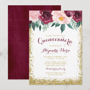 Convites florais Dourados de Borgonha Quinceanera
