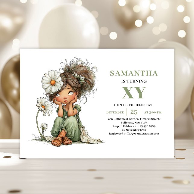 Convites Florais Verde Sage para 1º Aniversário da (Fairy Girl 1st Birthday Sage Green Floral Invitation)