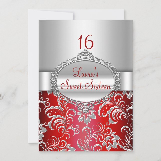 Convites Florais Vermelhos e Prata para Sweet 16 (Frente)