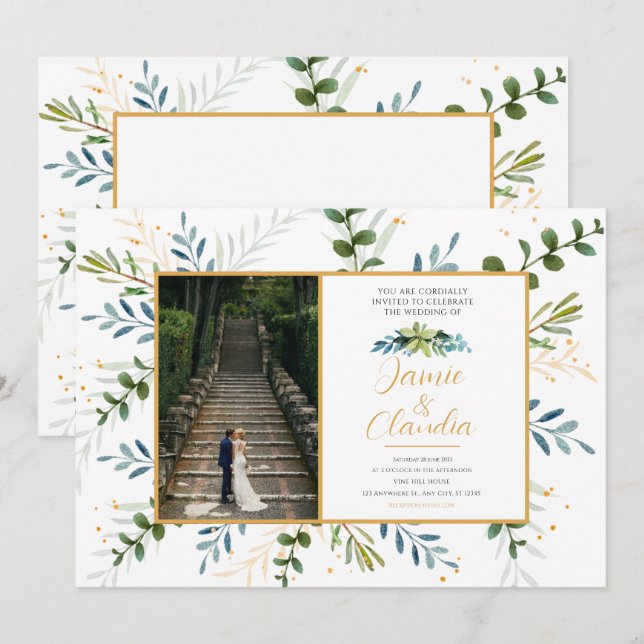 Convites formais clássicos de casamento eucalipto (Frente/Verso)