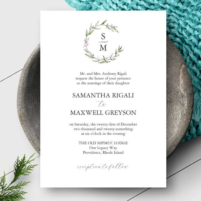 Convites Formais de Casamento Iniciais Botânicos (Formal wedding invitation features initials encircled by botanical art by Victoria Grigaliunas)
