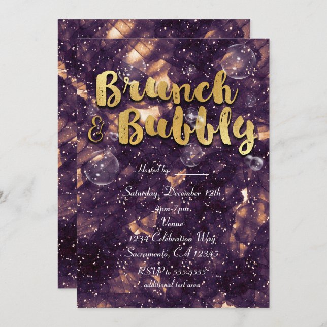 Convites Glam Chiques Roxo Dourado Brunch & Bubbly (Frente/Verso)