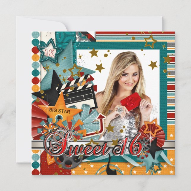 Convites Glitz Glamor Estrela de Cinema Sweet 16 (Frente)