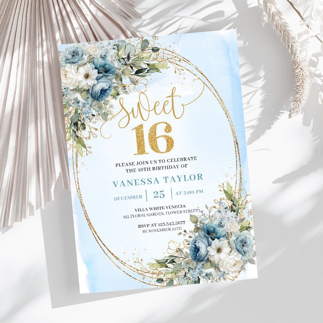 Convites Graciosos Dusty Blue Florais para Sweet S (Graceful Dusty Blue Floral Sweet Sixteen Invitation)