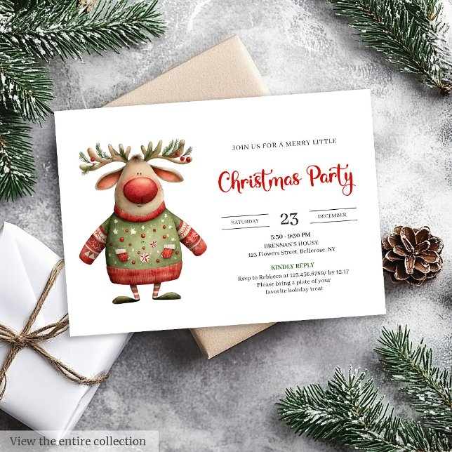 Convites impressos festivos de Rena Modernos e Exc (Modern Quirky Reindeer festive printable invitation)