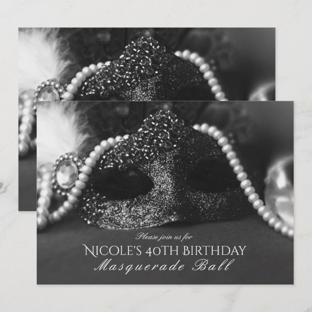 Convites Máscara de Mascarada Preta e Branca & Pér (Frente/Verso)