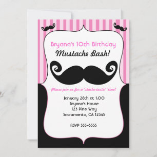 Convites Meninas Bash Bigode Rosa Branco Preto