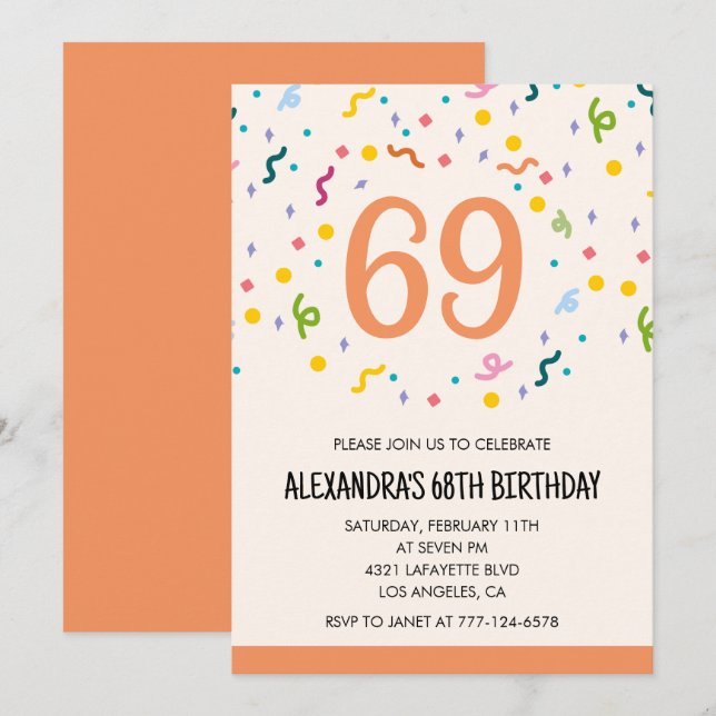 Convites Modernos de Aniversário de 69 anos Confet (Frente/Verso)