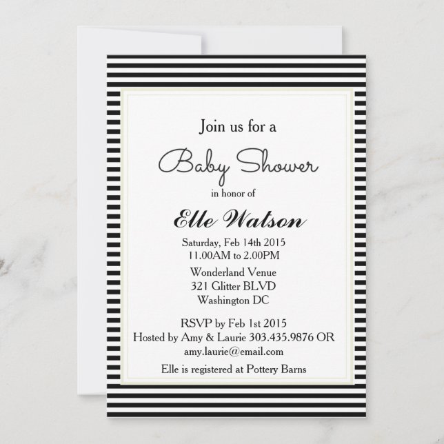 Convites Modernos Para Bebê, Stripe Branca Preta (Frente)