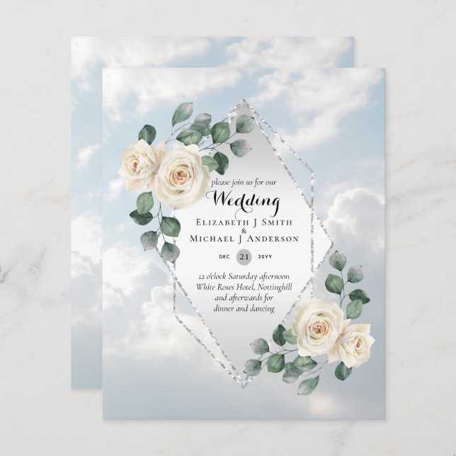 CONVITES ORÇAMENTAIS DE CASAMENTO - Rosas brancas  (Frente/Verso)