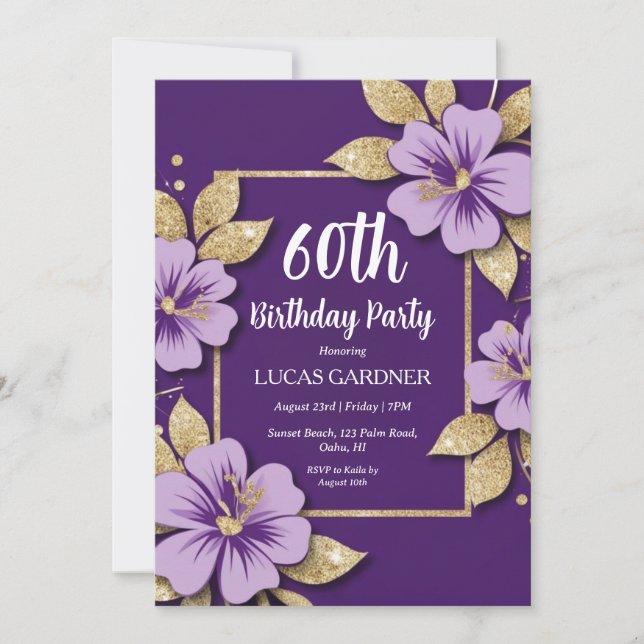 convites para 60 anos, roxo e ouro (Frente)