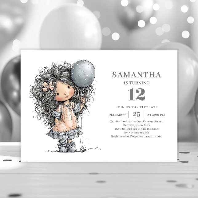 Convites para a festa de 6 anos da garota extravag (Quirky Girl 10th Birthday Black Gold Party invitation)