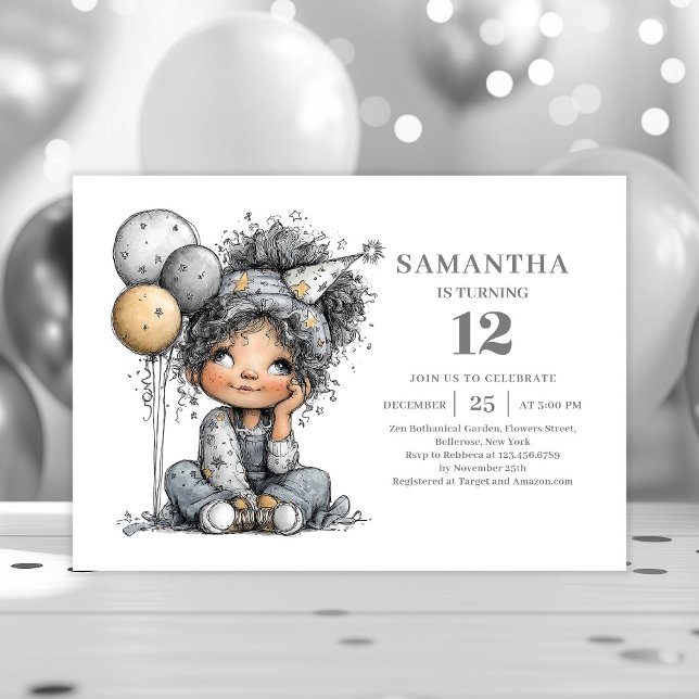 Convites para a Festa de 7 Anos da Funny Girl com  (Funny Girl 7th Birthday Black Gold Party invitation)