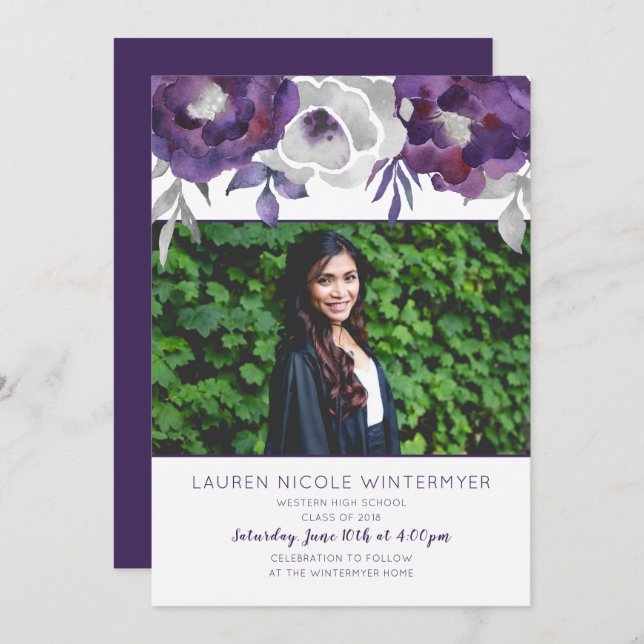 Convites para a Graduação de Fotos Florais Trendy  (Frente/Verso)