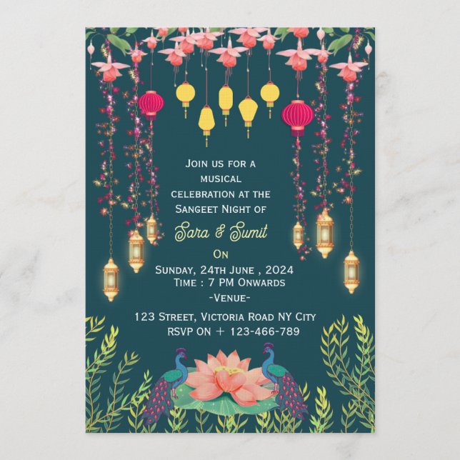 Convites para a Noite de Sangeet do Casamento Indi (Frente)