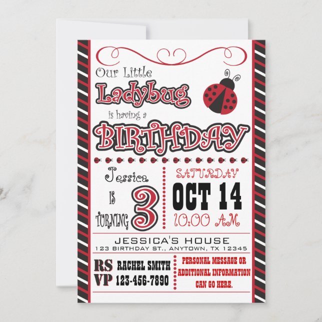 Convites para aniversário de 3 anos de Ladybug (Frente)