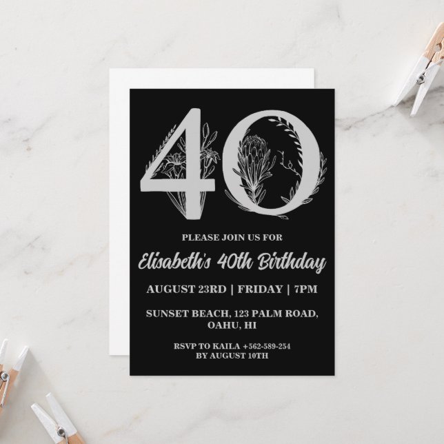 convites para aniversário de 40 anos florais moder (Frente/Verso In Situ)