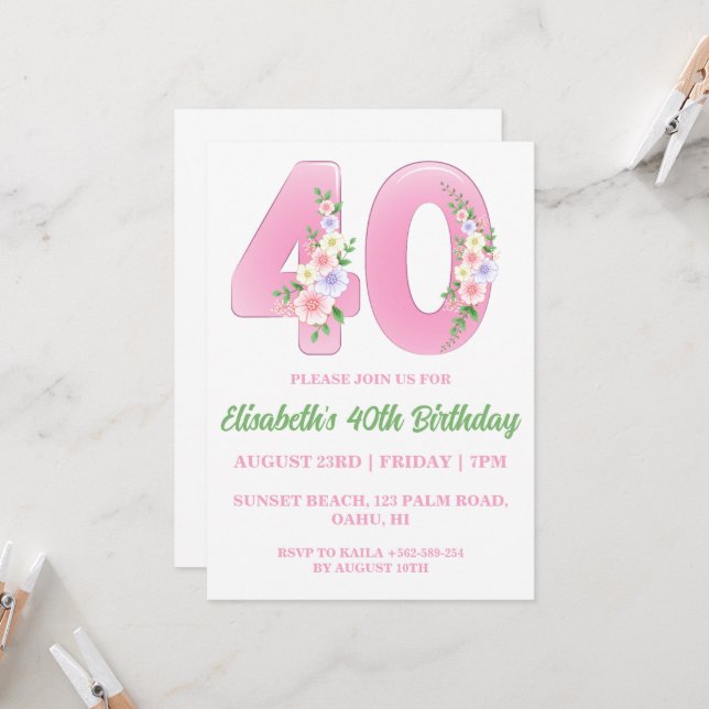 convites para aniversário de 40 anos florais moder (Frente/Verso In Situ)