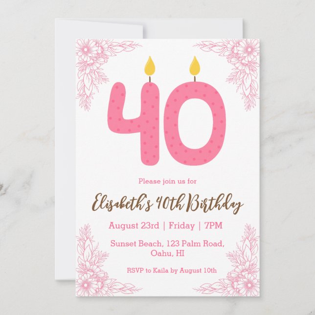 convites para aniversário de 40 anos florais moder (Frente)