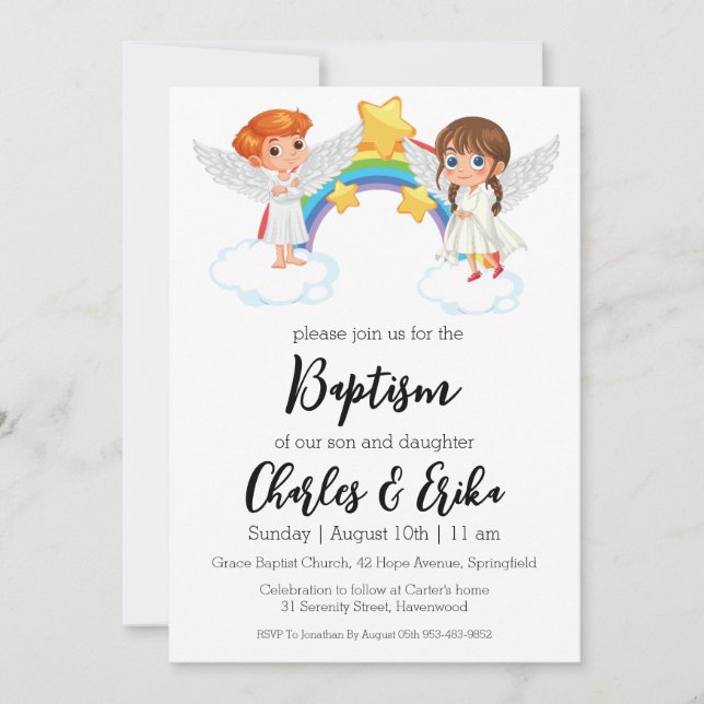 convites para batismo gêmeos modernos (Frente)