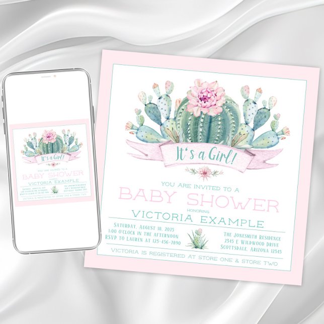 Convites para Bebê De Cactus Cuja Gama É Gota (Girl cactus baby shower invitation. Instant download and printed invitations available.)