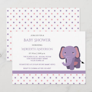 Convites para bebê elefante, rosa e roxo