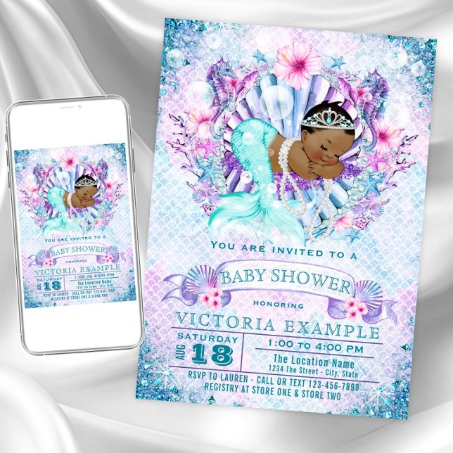 Convites para Bebê Sereia Afro-Americana (Cute mermaid baby shower invitation. Instant download and printed invitations available.)