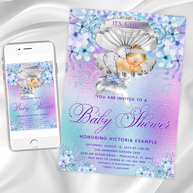 Convites para Bebê Sereia de Pastel Elegante (Purple teal mermaid baby shower invitation. Instant download and printed invitations available.)