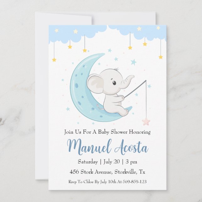 convites para bebês de elefante azul moderno (Frente)