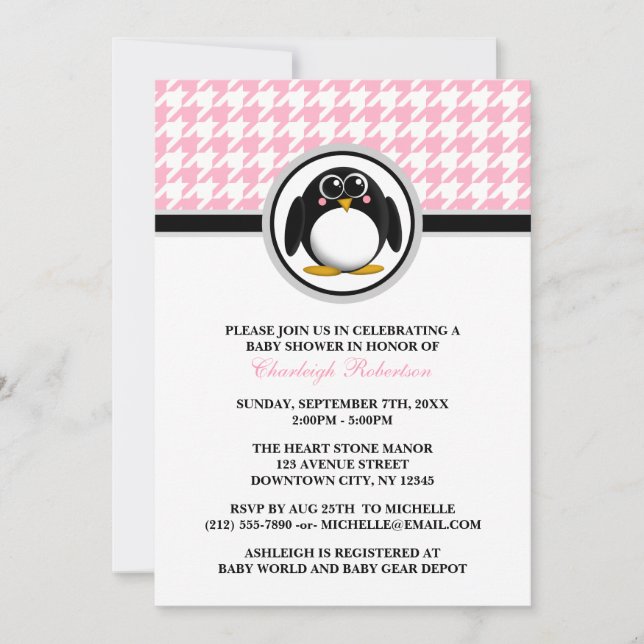 Convites para Bebês Penguin Pink Houndstooth (Frente)