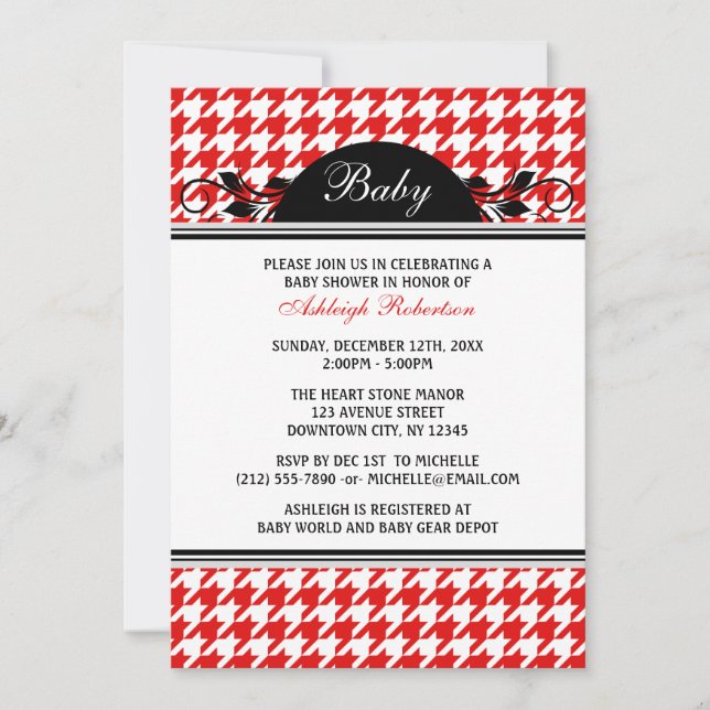 Convites para Bebês Red & White Houndstooth (Frente)