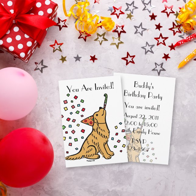 Convites para Cartoons para Retriever de Ouro de A (Birthday Golden Retriever Cartoon Invitations for dog lovers birthday party.  Cute cartoon design.)
