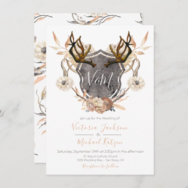 Convites para Casamento Antler com Aquarela Crest  (Frente/Verso)