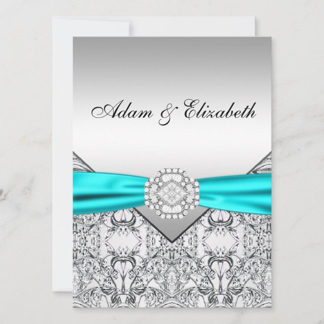 Convites para Casamento Azul de Teal Silver Elegan (Frente)