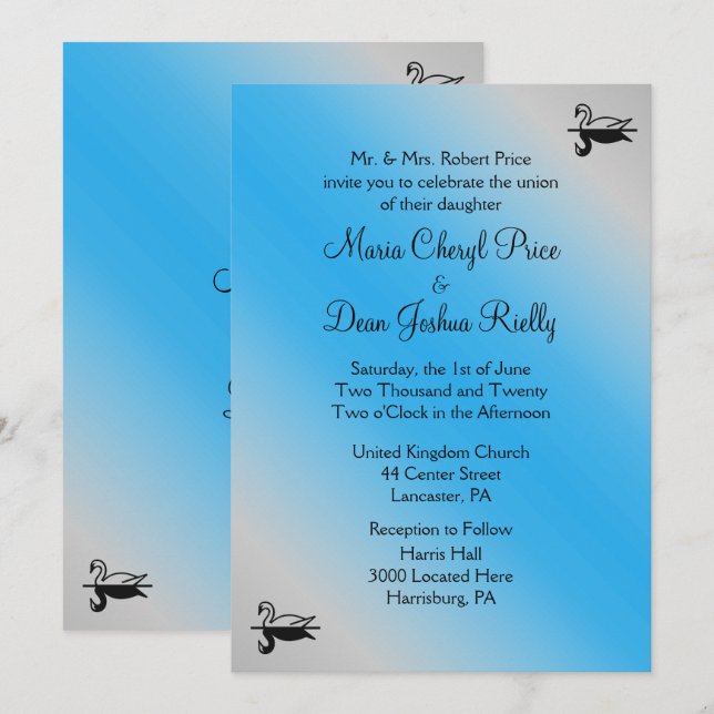 Convites para Casamento Azul Swan (Frente/Verso)