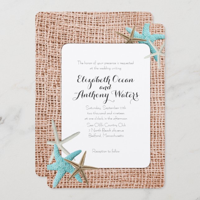 Convites para Casamento Blue Starfish Beach Burlap (Frente/Verso)
